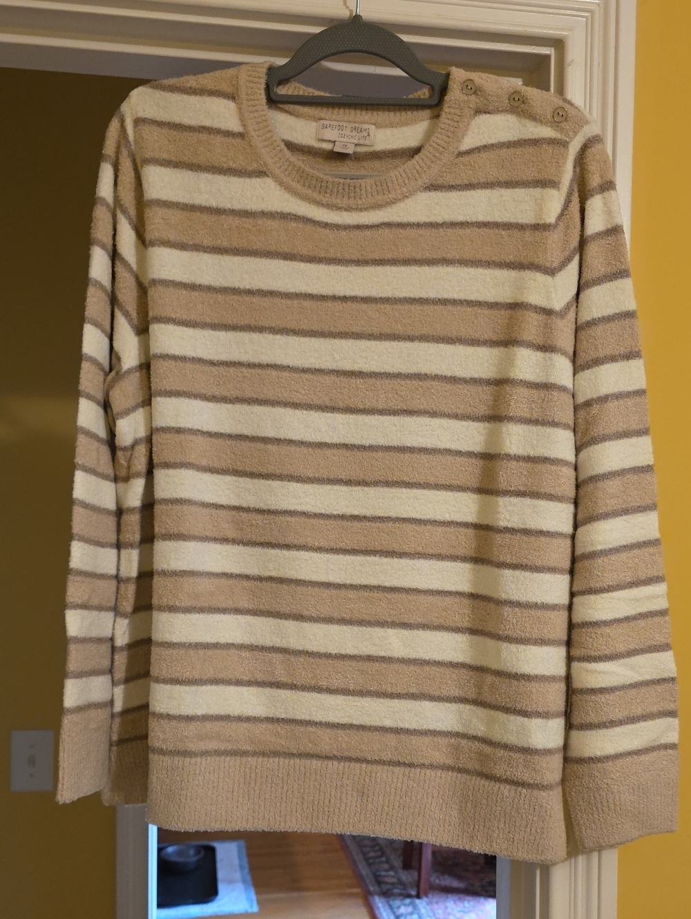 Barefoot Dreams Striped Crewneck Sweater in Beige and Cream